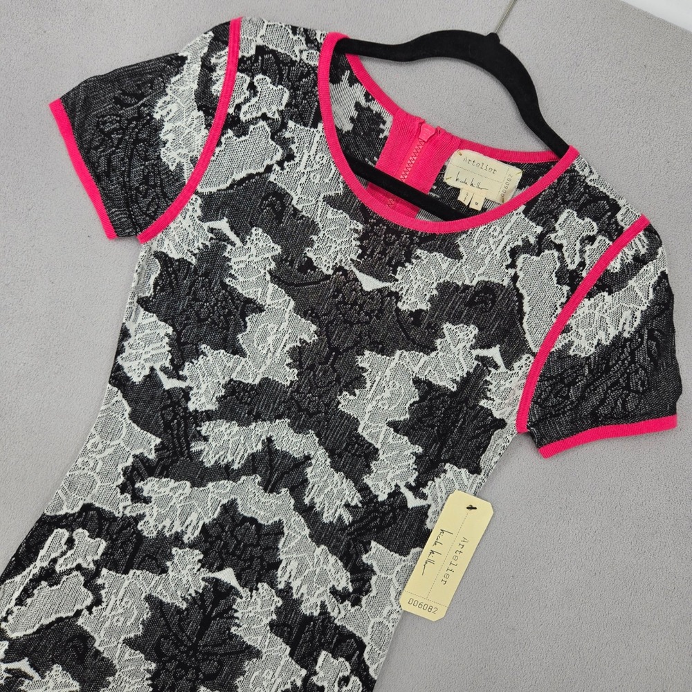 Artelier Nicole Miller NWT M Bodycon Dress Women Neon Pink Floral Knit BC0731